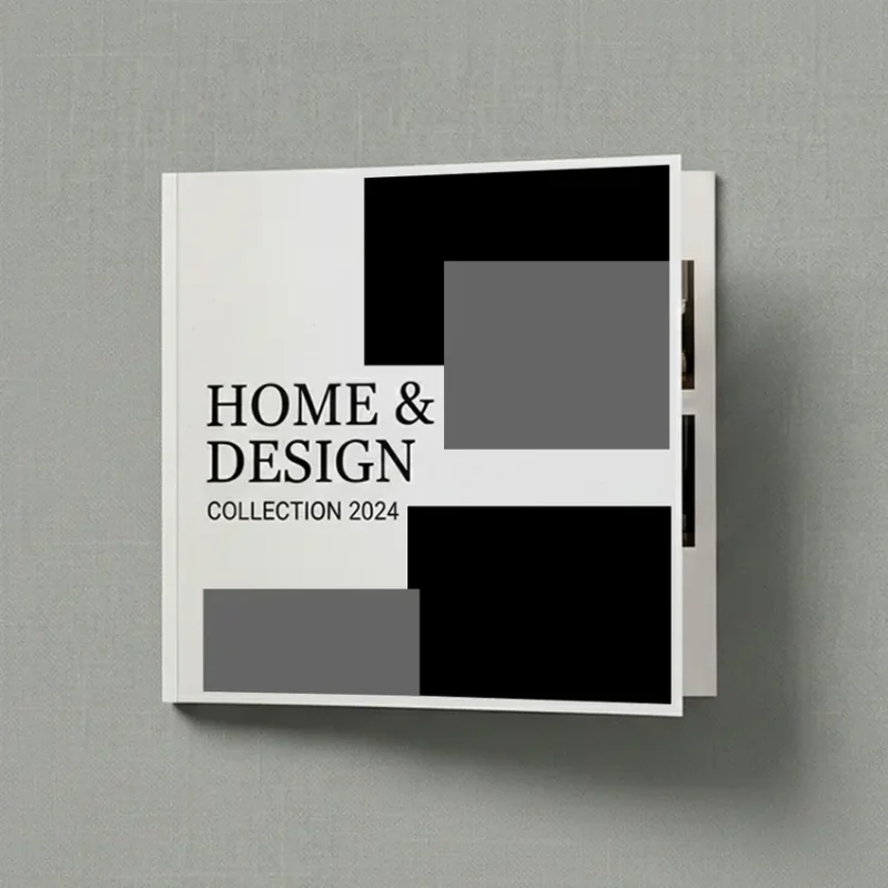 Front cover of an 8 x 8 in booklet titled Home & Design 2024, featuring a geometric layout with black and grey blocks.