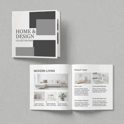 8 x 8 in booklet mockup showing a Home & Design 2024 cover and an open spread with modern furniture and clean typography.