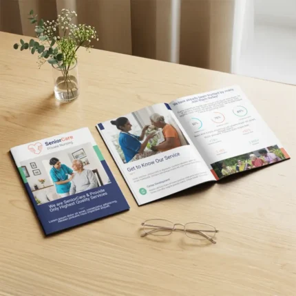Senior care A5 Booklet on a wooden table with glasses and a vase.