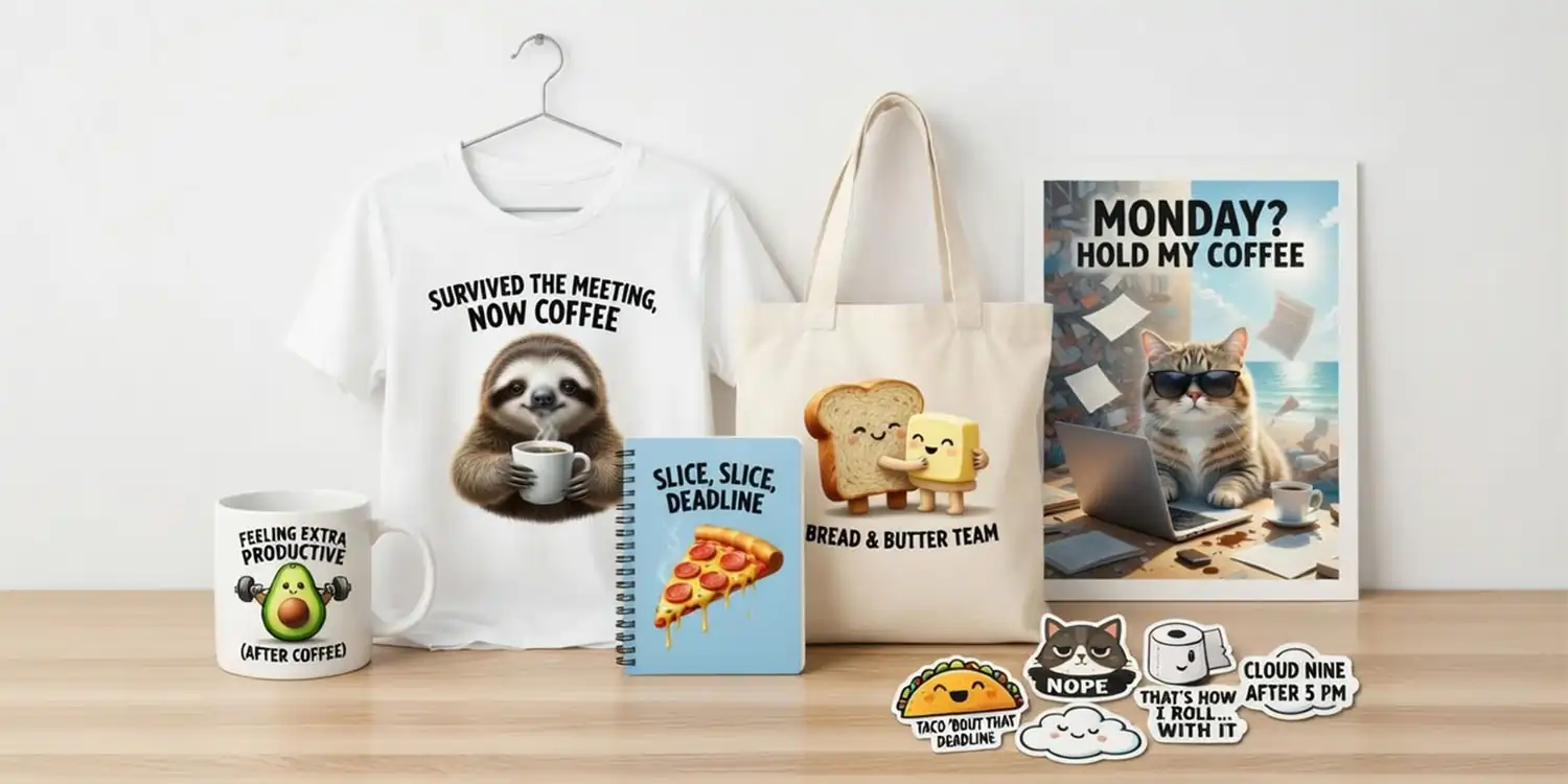 A collection of merchandise featuring Funny Custom Print Ideas, including a sloth t-shirt, avocado mug, cat poster and food themed stickers.
