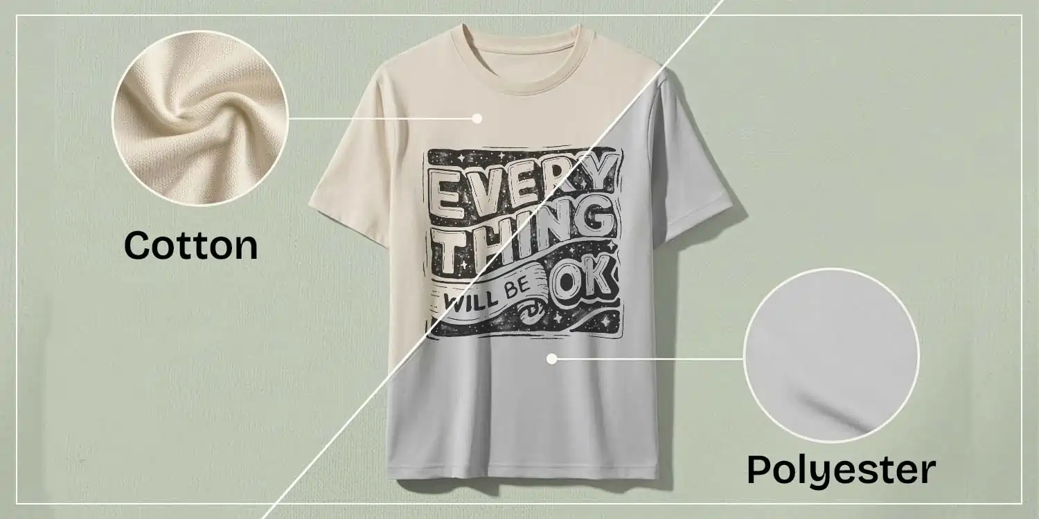 Cotton vs Polyester T-Shirts: A split-view graphic showing fabric texture differences.