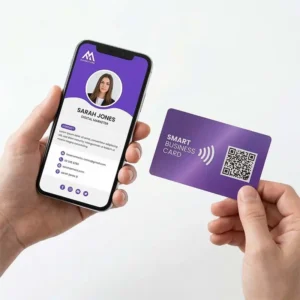 Printed vs digital business card example showing a smartphone displaying a digital profile card and a QR code smart business card for contact sharing.