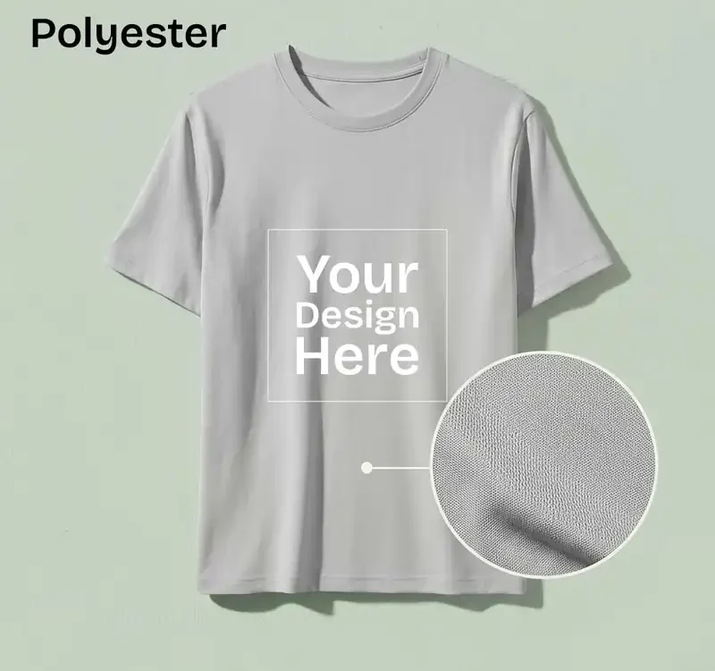 A gray polyester t-shirt mockup with a "Your Design Here" placeholder. Includes a fabric zoom-in for Cotton vs Polyester T-Shirts.