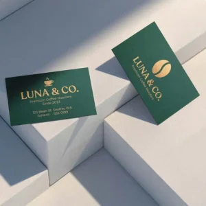 Printed vs digital business card example showing a premium green printed business card with gold foil design for branding.