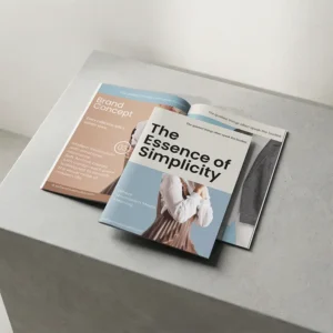 This A4 Booklet mockup showcases "The Essence of Simplicity," a brand concept focused on modern minimalism. Perfect for high-end fashion or lifestyle lookbooks.