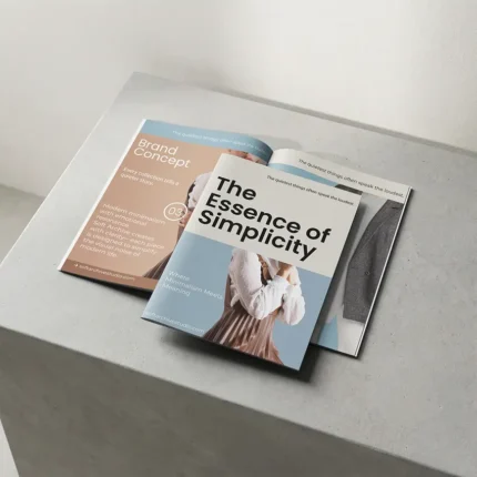 This A4 Booklet mockup showcases "The Essence of Simplicity," a brand concept focused on modern minimalism. Perfect for high-end fashion or lifestyle lookbooks.
