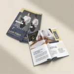 Professional law firm DL Booklet mockups featuring attorney Diana Reed. The brochures show a clean navy and gold design with "We Enforce Justice" text.