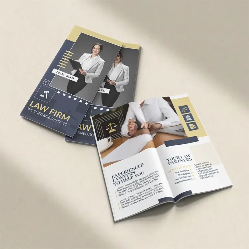 Professional law firm DL Booklet mockups featuring attorney Diana Reed. The brochures show a clean navy and gold design with "We Enforce Justice" text.