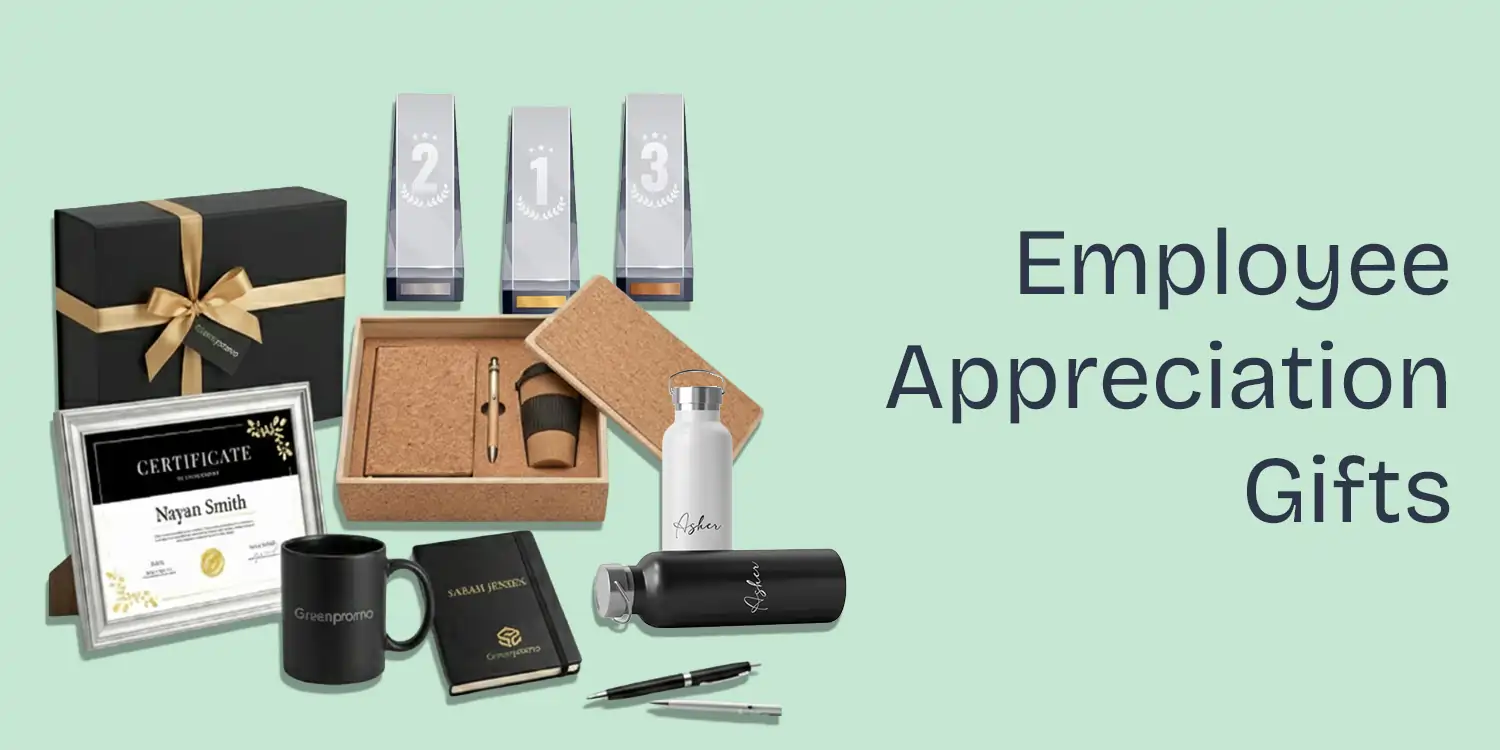 Various employee appreciation gifts like trophies, a certificate, notebooks, and water bottles on a light green background.