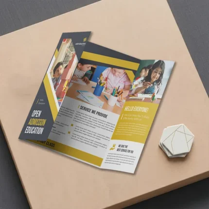 Gate Fold Brochure featuring school admissions with yellow and charcoal accents.