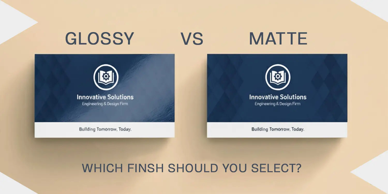 Side-by-side comparison of matte vs glossy finish business cards for "Innovative Solutions" asking "Which finish should you select?"