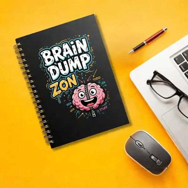 Black spiral notebook with Funny Custom Print Ideas, featuring a zipped-open brain cartoon and the colorful text "Brain Dump Zone."