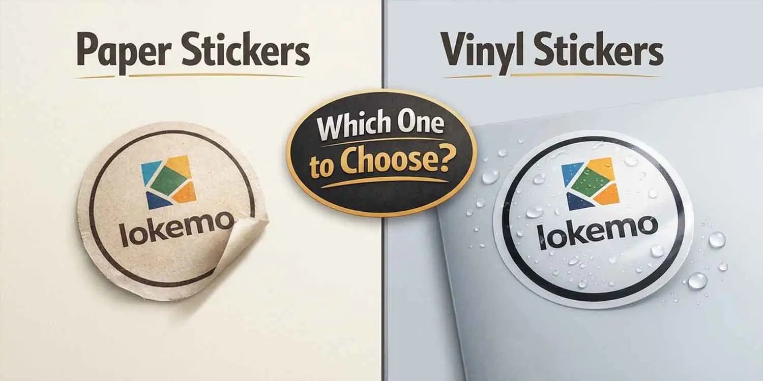 Paper stickers vs vinyl stickers comparison image showing peelable paper sticker on the left and waterproof vinyl sticker on the right with text “Which one to choose?