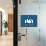 A blue Stick On Signs plaque for Meeting Room 301 is mounted on a frosted glass office door. It features a white icon of people at a conference table.