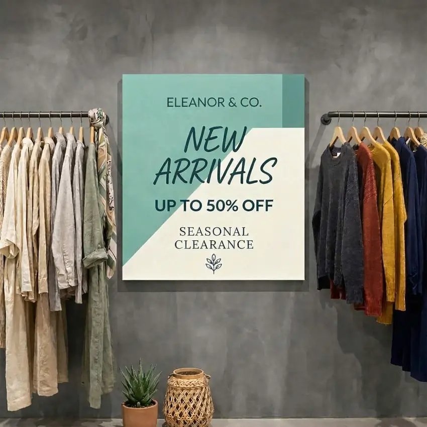 A square Stick On Signs poster for Eleanor & Co. highlights New Arrivals and a 50% off Seasonal Clearance on a gray wall between two clothing racks.