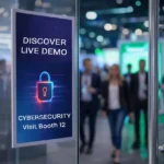 A vertical Stick On Signs display on a glass door promotes a Cybersecurity Live Demo at Booth 12, featuring a glowing neon padlock graphic