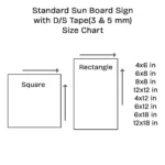 A size chart for Stick On Signs displays square and rectangle options from 4x6 to 12x18 inches, with 3mm and 5mm thicknesses on sun board material.
