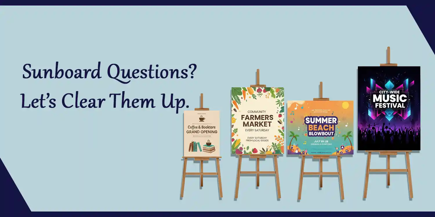 Four printed sunboard posters on wooden easels for a coffee shop, farmers market, beach event, and music festival.