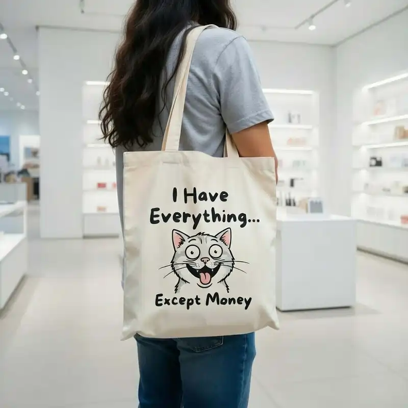 A cream tote bag featuring Funny Custom Print Ideas, showing a wide-eyed cartoon cat with the text "I Have Everything... Except Money.