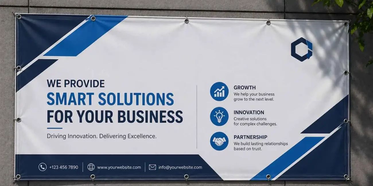 Professional corporate banner made from durable Banner Materials, featuring blue and white graphics with business growth icons.