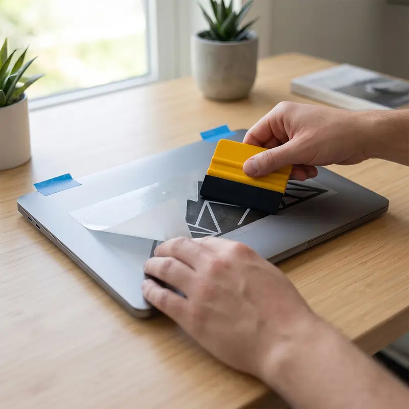 Using a yellow squeegee tool to apply a geometric mountain vinyl decal onto a laptop lid held by blue tape.
