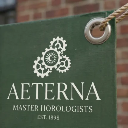 Green Fabric Banners with eyelets displaying Aeterna Master Horologists branding for outdoor promotional display.