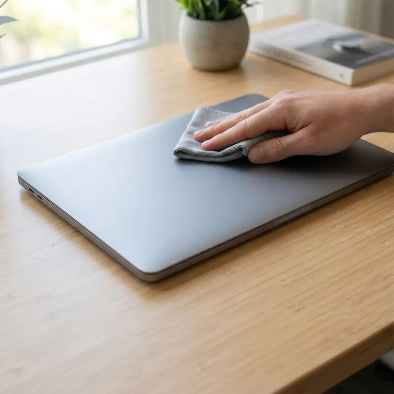 A person wipes the top of a closed grey laptop with a microfiber cloth to prepare it for a decal.