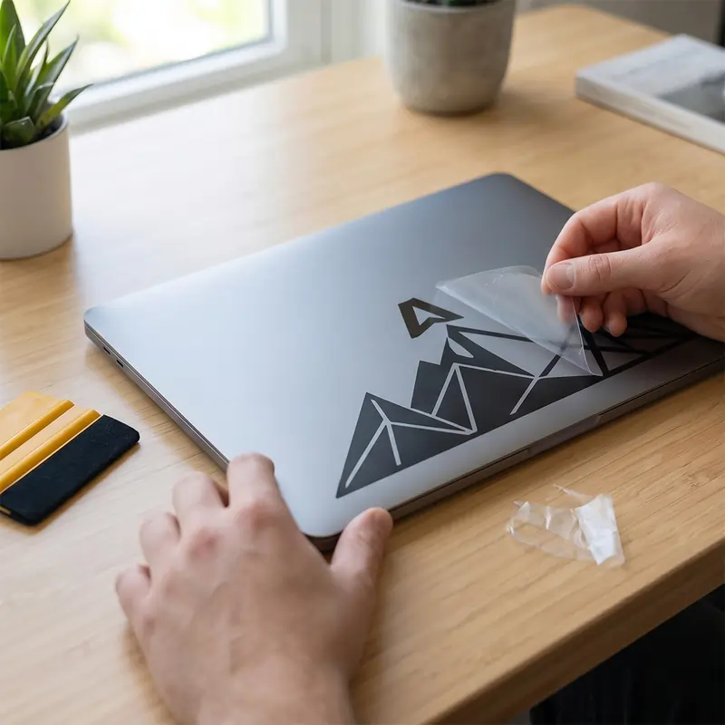 A person carefully peels back the clear transfer tape to reveal a finished black mountain vinyl sticker on a laptop.