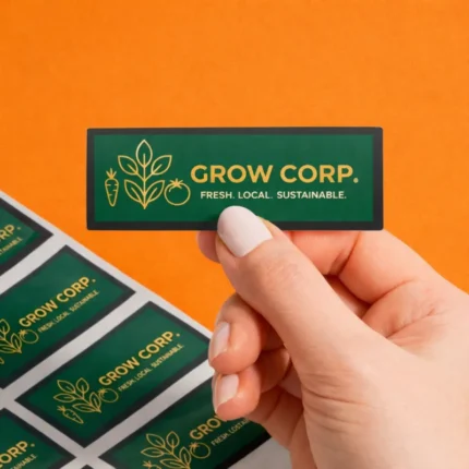 Custom rectangle stickers with green branding label held in hand, showcasing high-quality rectangle stickers for packaging and product labeling